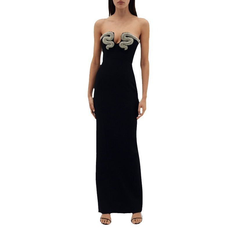 Black Strapless Rhinestone Embellished U-Neck Bodycon Maxi Dress