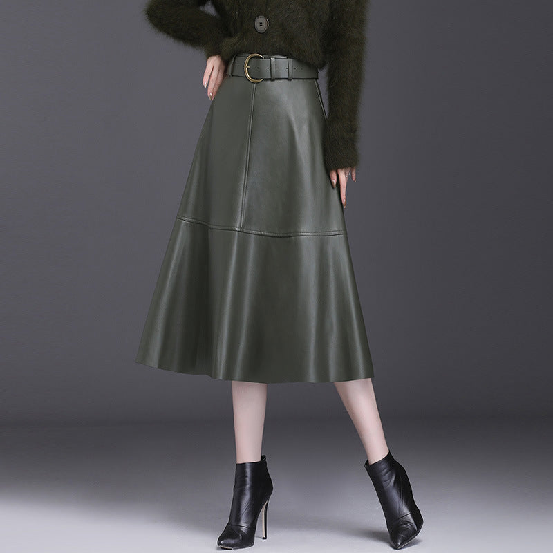 Elegant A-Line Faux Leather Midi Skirt with High Waist and Belt for Women