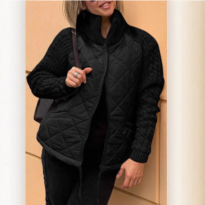 Stylish Quilted Front Zipper Jacket with Cozy Knitted Sleeves and Stand Collar