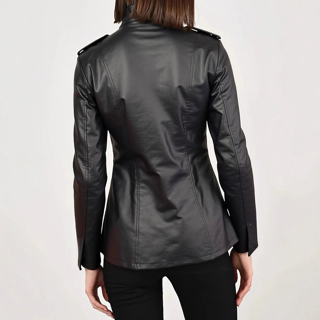Distressed Faux Leather Stand Collar Long Sleeve Fashion Jacket