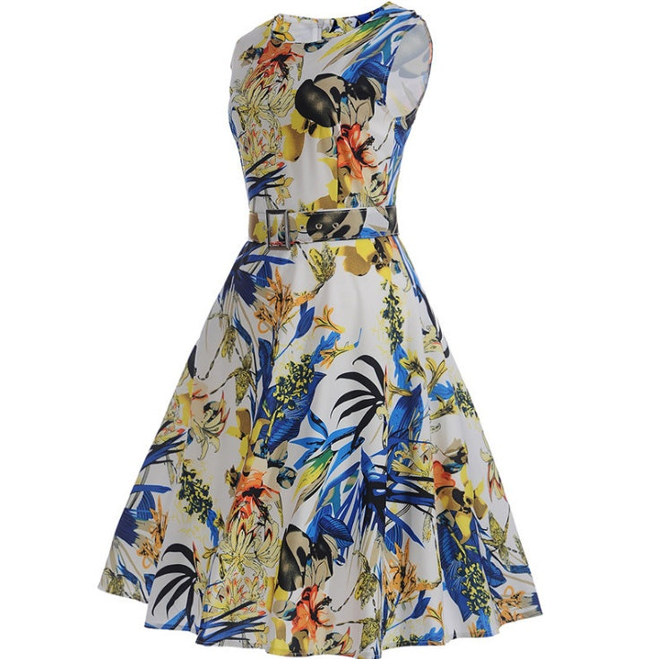 Vibrant Floral Print Sleeveless Belted A-Line Midi Dress for Summer