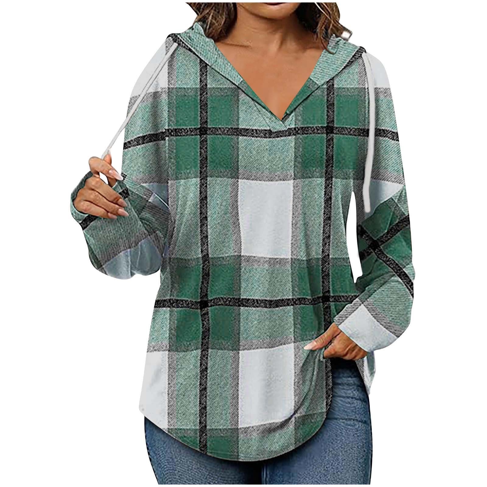 Casual Plaid Long Sleeve Hooded Pullover with Adjustable V-Neck Drawstring