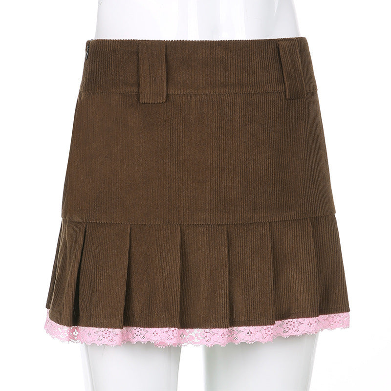 High Waisted Corduroy Pleated Mini Skirt with Delicate Lace Trim