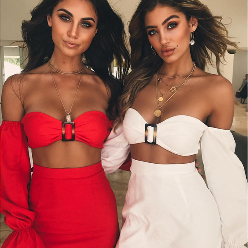 Chic Off Shoulder Long Sleeve Crop Top and Matching Mini Skirt Set