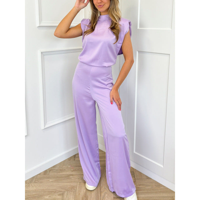 Elegant Satin Look Wide Leg Jumpsuit with Padded Shoulders and Chic Mock Neck Design