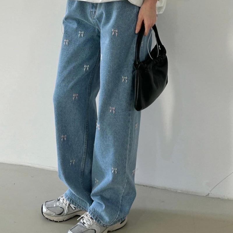 High Waist Bow Embroidered Wide Leg Jeans