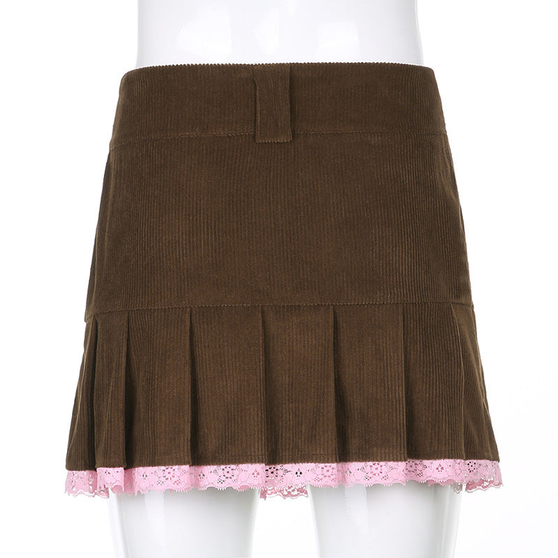 High Waisted Corduroy Pleated Mini Skirt with Delicate Lace Trim