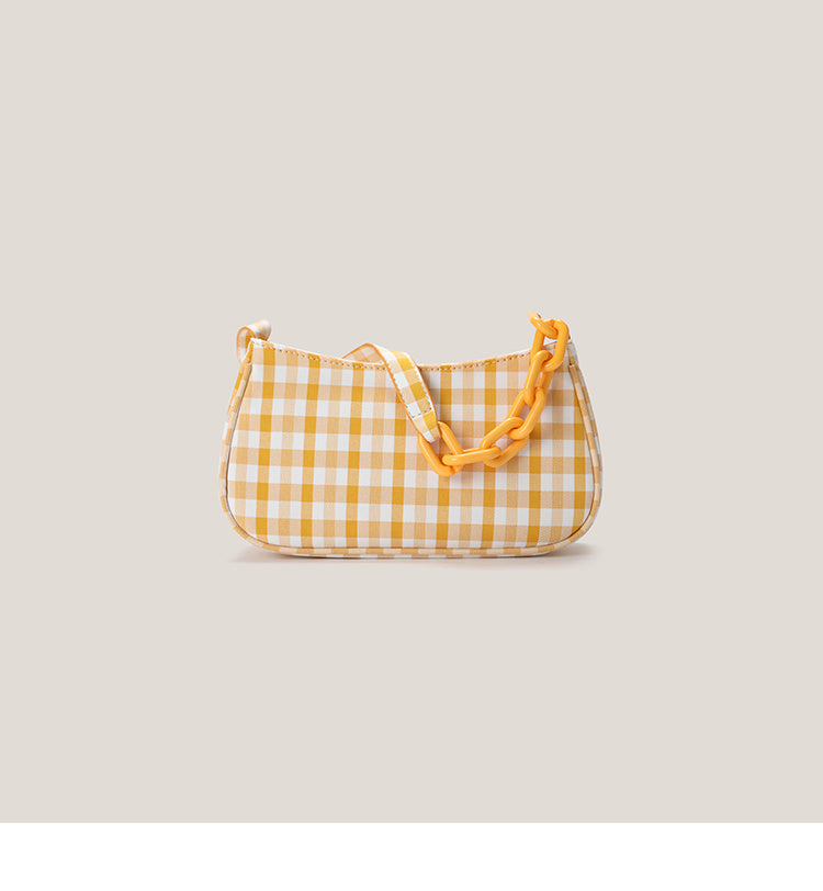 Chic Gingham Checkered Crescent Shoulder Bag with Chain Accent