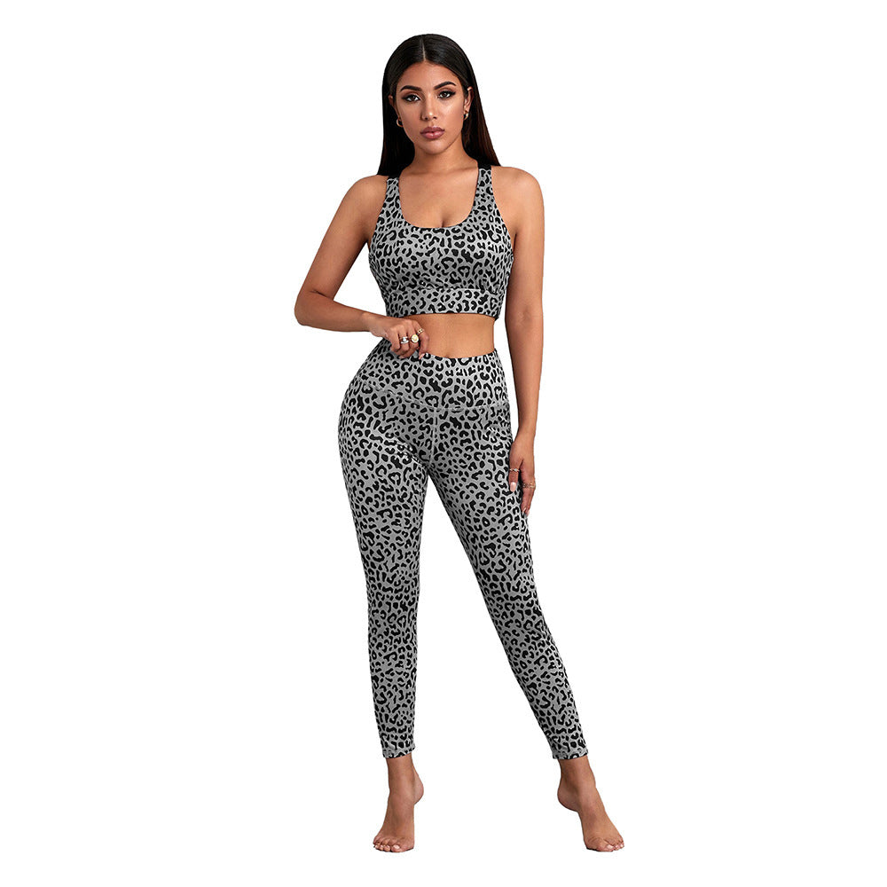 Chic Leopard Print Activewear Set with Racerback Crop Top and Supportive High Waist Leggings
