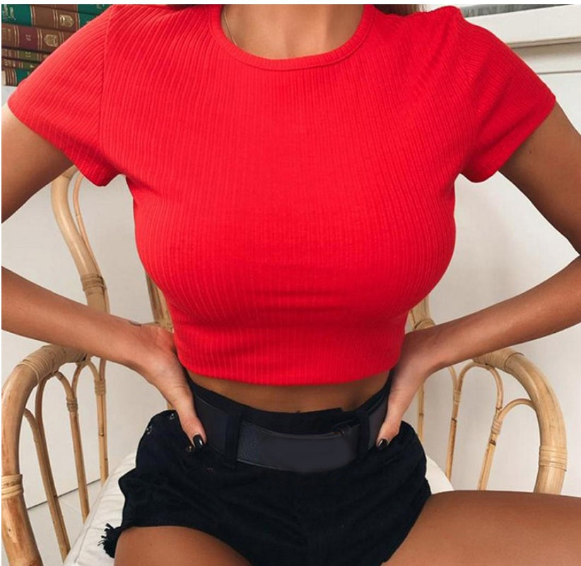 Vibrant Neon Ribbed Crop Top | O-Neck Short Sleeve Tee for Women
