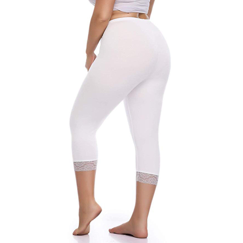 Comfortable Soft Milk Silk Capri Leggings with Delicate Lace Trim Detail