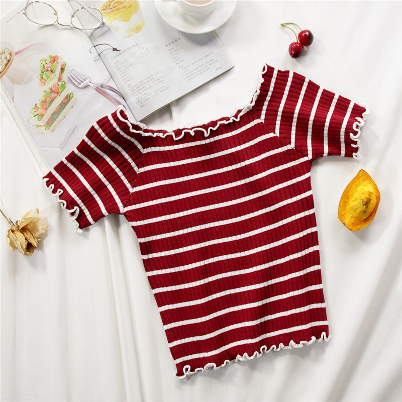 Chic Striped Off-Shoulder Ribbed Knit Crop Top for Women