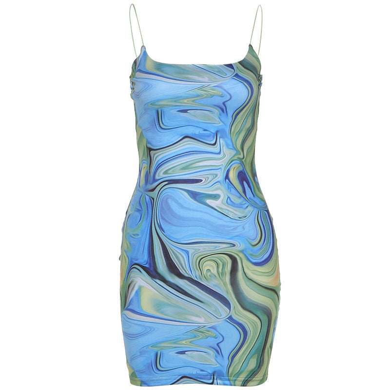 Vibrant Printed Bodycon Mini Dress with Backless One Shoulder Sling Detail