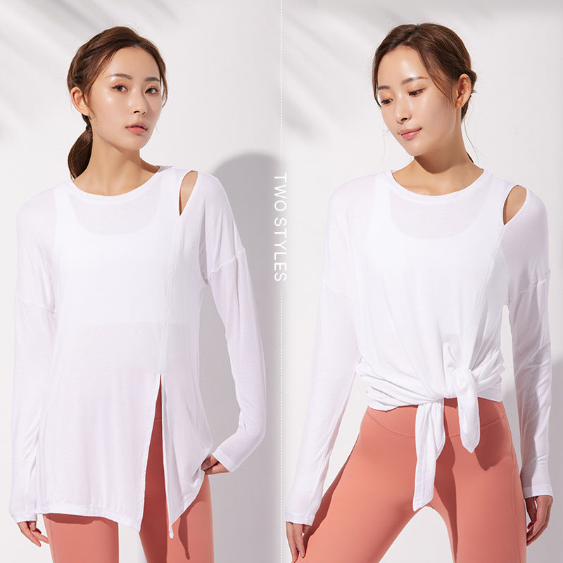 Quick Dry Loose Fit Long Sleeve Athletic Top with Split Hem and Knot Detail