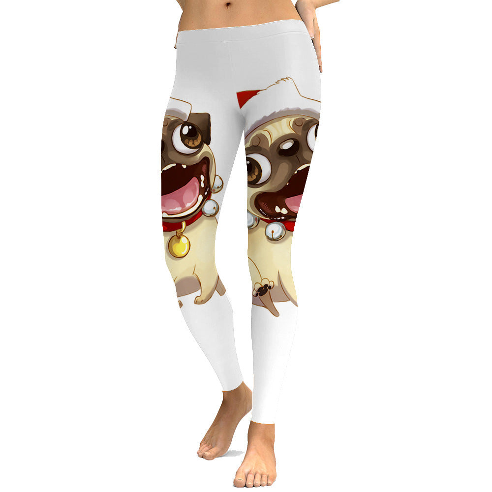 Fun High Waist Printed Active Leggings Festive Pug Design