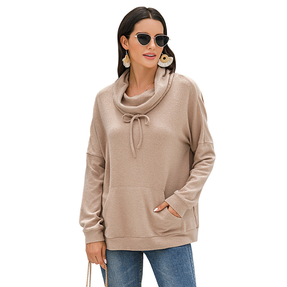 Comfortable Loose Fit Cowl Neck Long Sleeve Pullover Sweater with Front Pocket
