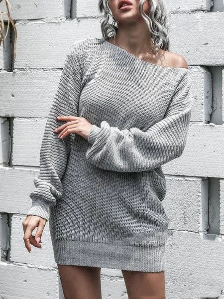 Cozy Off Shoulder Ribbed Knit Sweater Dress Casual Loose Long Sleeve