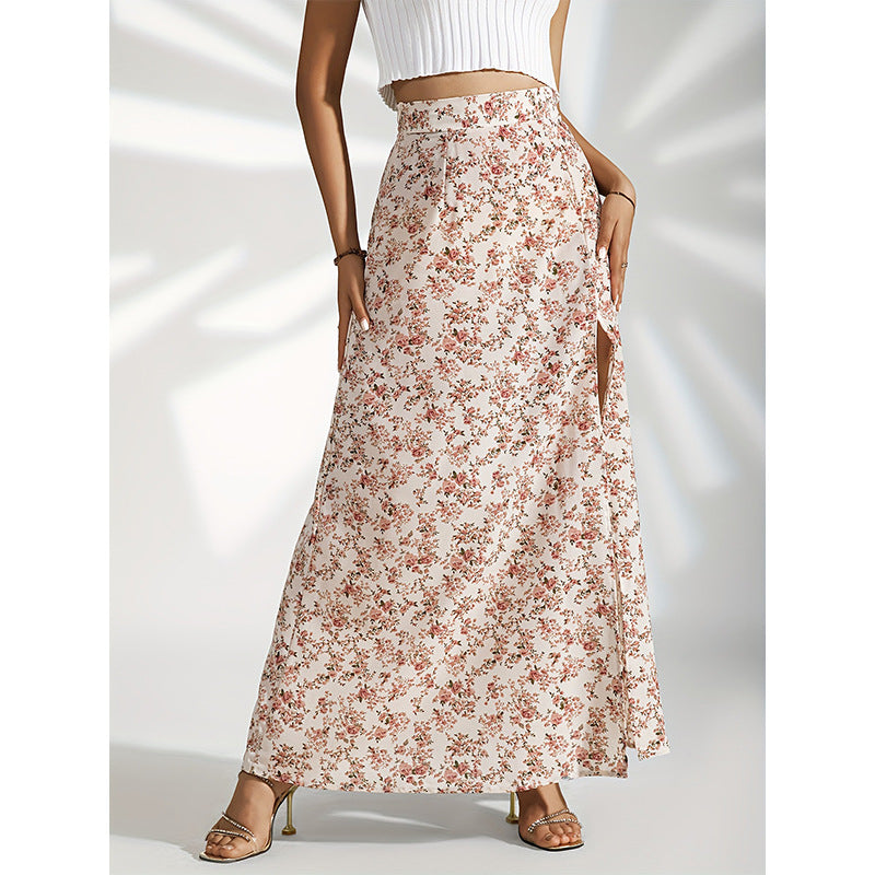 High Waist Floral Print Maxi Skirt with Elegant Side Slit