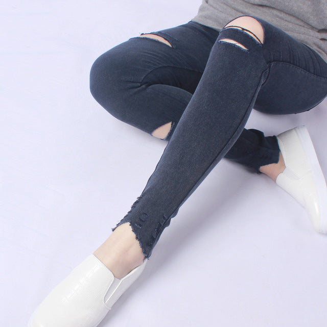 Comfortable Stretch Cotton Blend Ripped Knee Casual Leggings