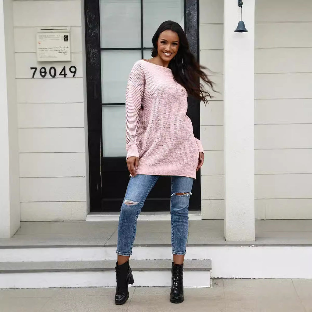 Effortless Off Neck Loose Knit Pullover Sweater Tunic