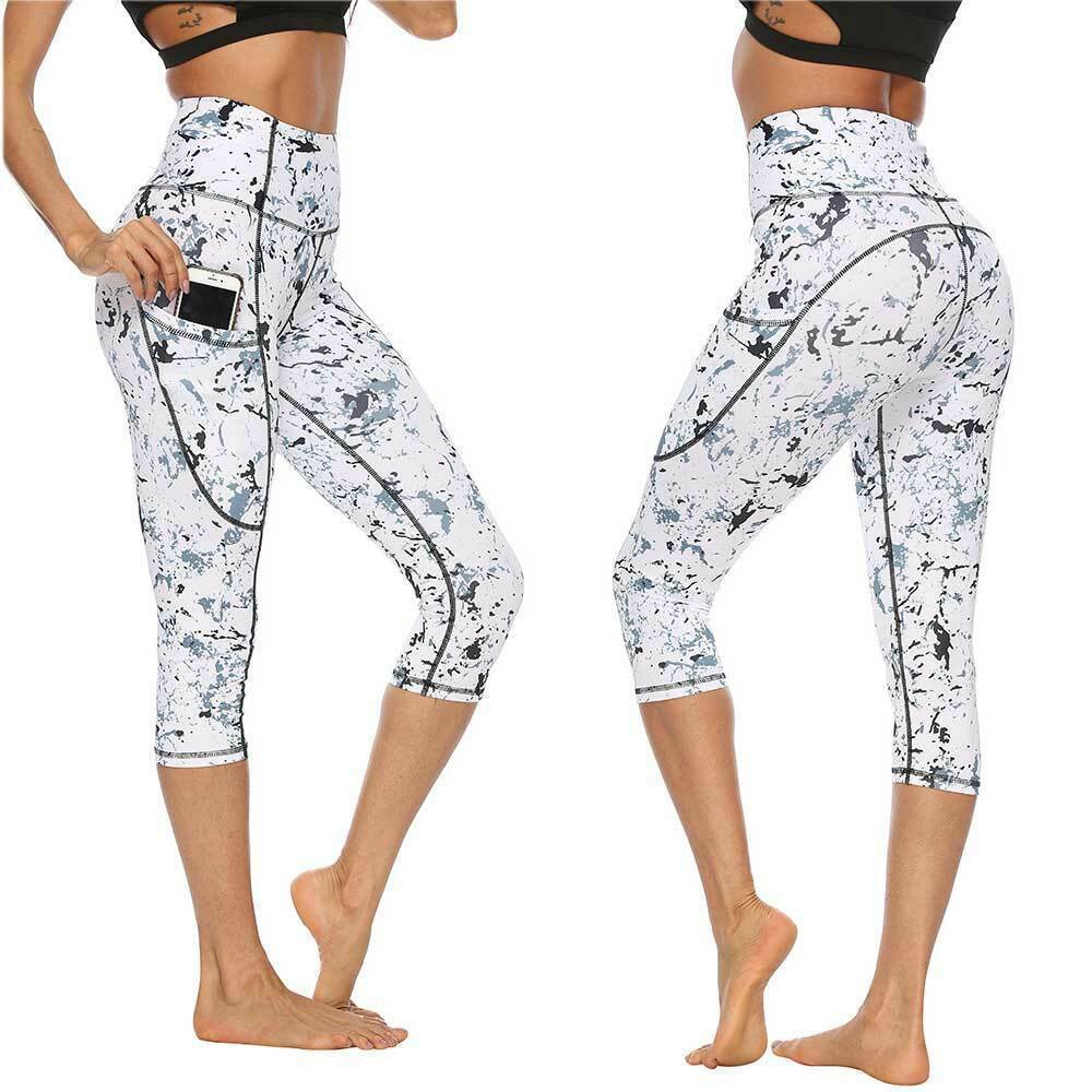 Trendy Marble Print High Waist Capri Yoga Leggings with Side Pocket