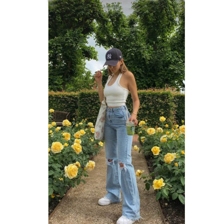 High Waist Ripped Wide Leg Light Wash Denim Jeans