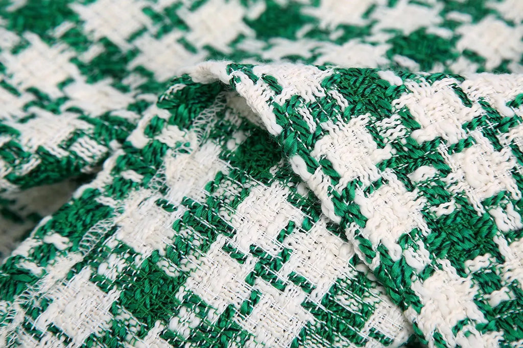 Chic Green and White Plaid Textured Mini Skirt with Elegant Buckle Detail