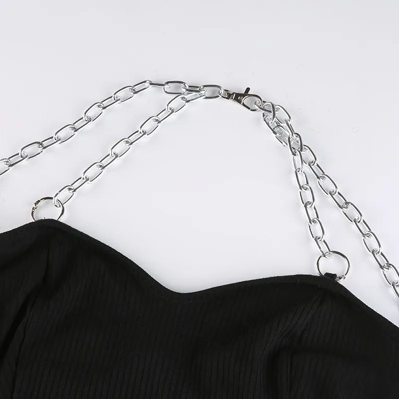 Sleek Black Chain Halter Bodysuit with Mesh Sleeves