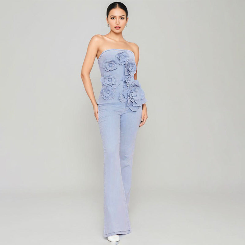 Elegant Floral Tube Top Jumpsuit - High Waist Strapless One-Piece