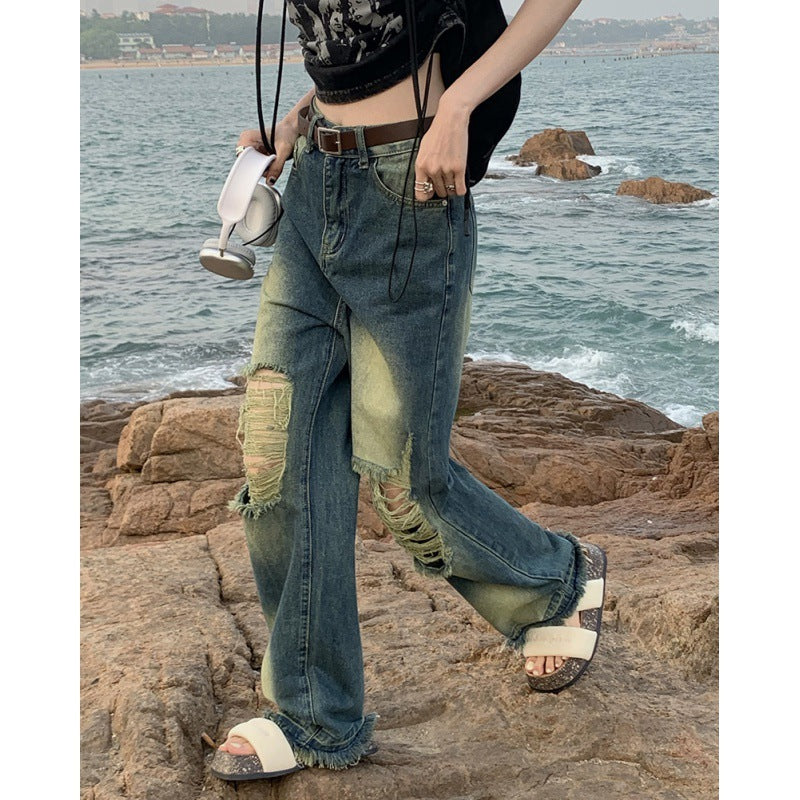 High-Waist Distressed Wide-Leg Denim Jeans