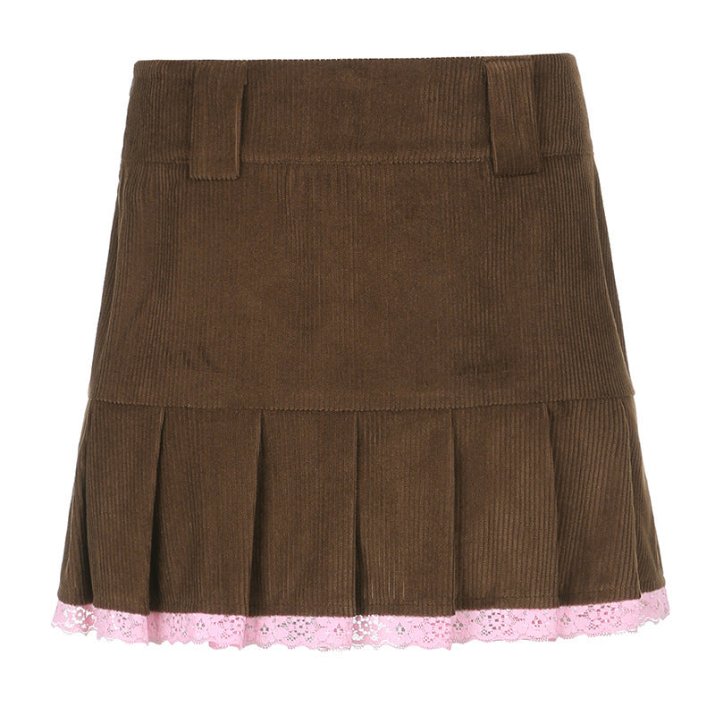 High Waisted Corduroy Pleated Mini Skirt with Delicate Lace Trim