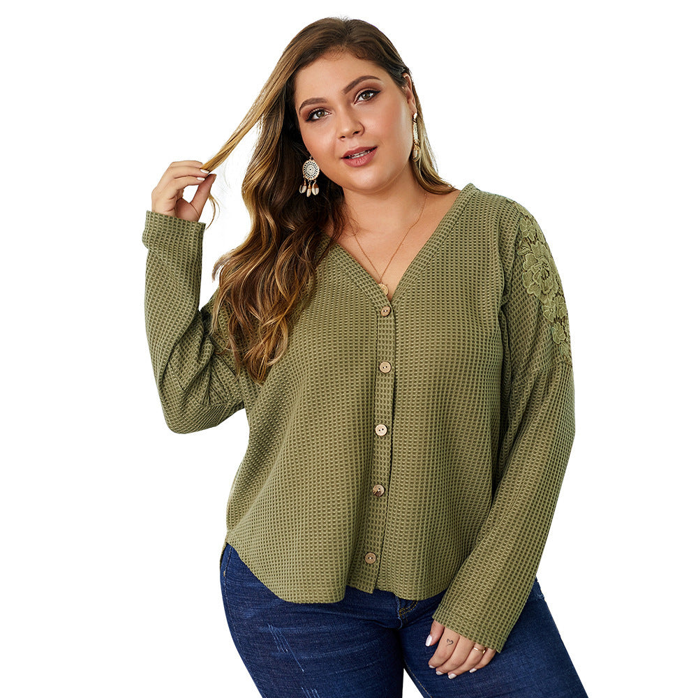 Comfortable Waffle Knit V-Neck Button-Up Top with Lace Detail