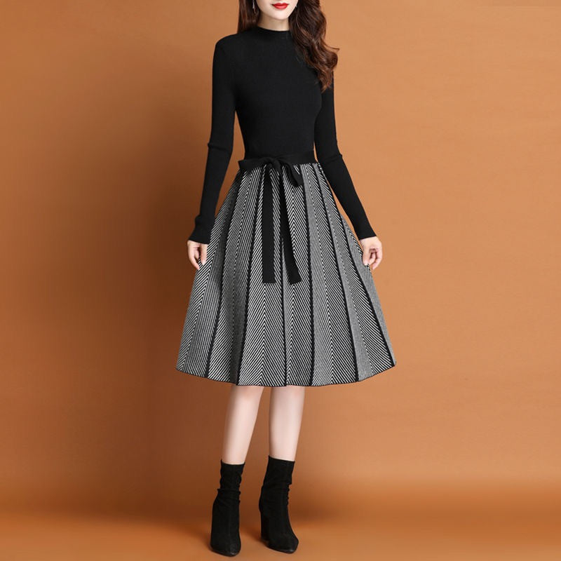 Elegant Mock Neck Knit Dress with Pleated Midi Skirt and Tie Waist
