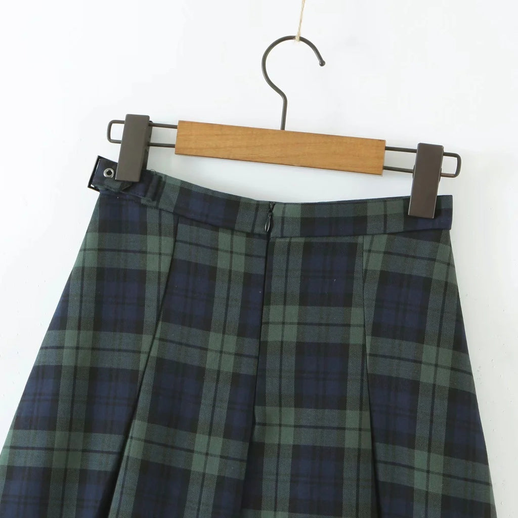 Classic Green Plaid Pleated Mini Skirt British College Style