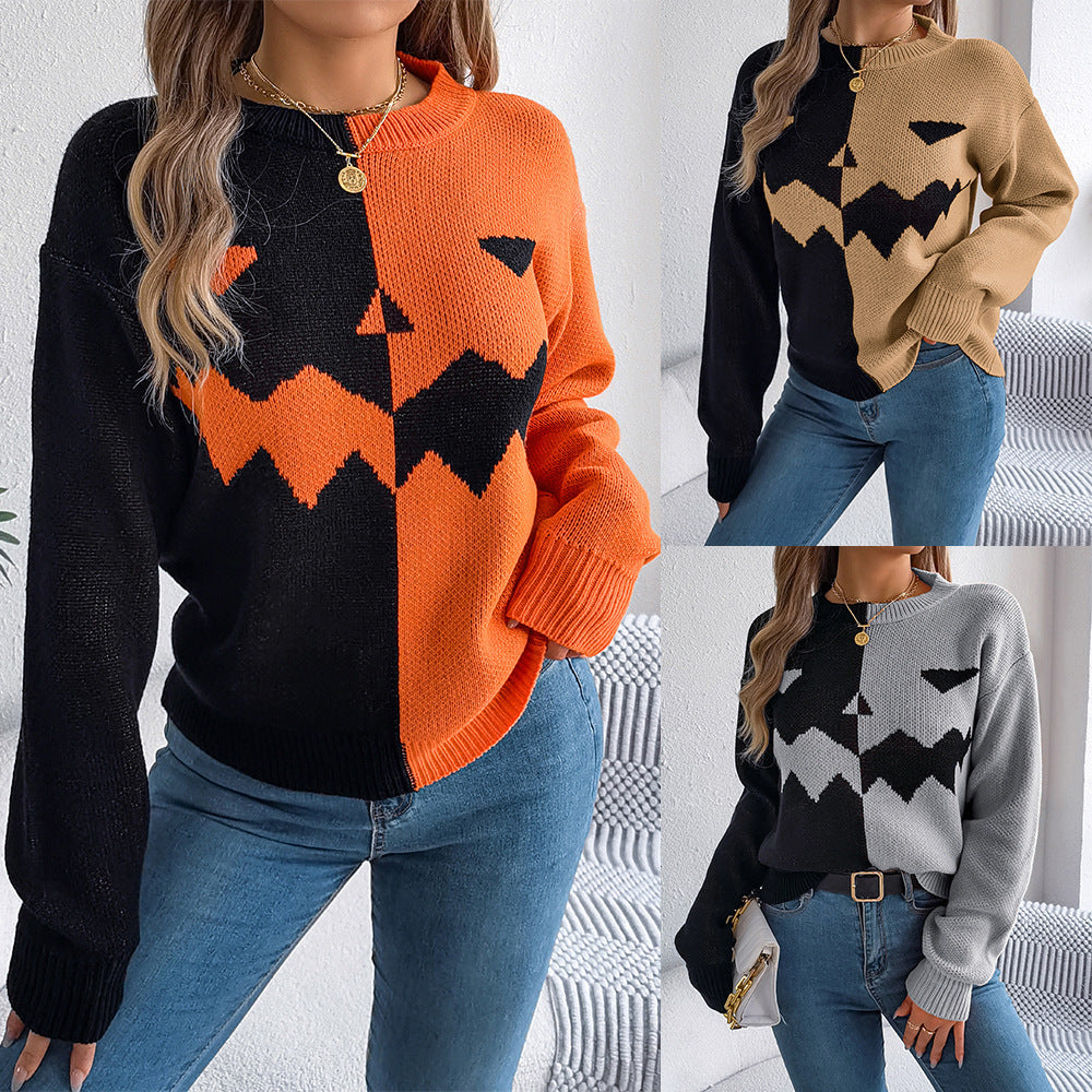 Spooky Chic Pumpkin Face Contrast Knit Long Sleeve Pullover Sweater