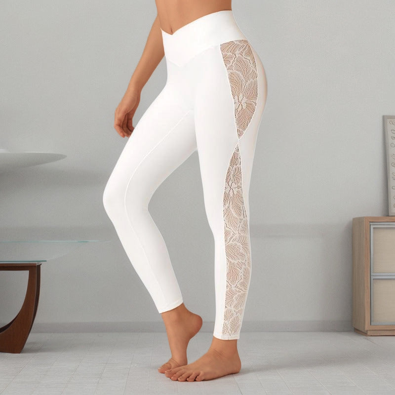 High Waist Athletic Leggings with Elegant Lace Panel Detail for Yoga and Fitness