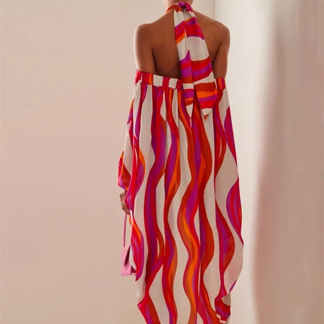 Vibrant Halter Neck Wavy Print Flowy Maxi Dress with Open Shoulder Sleeves
