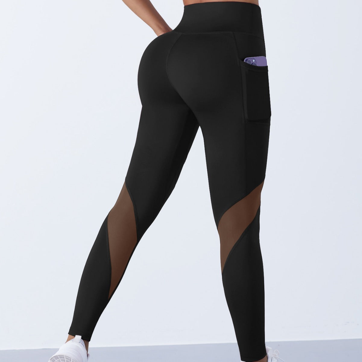 High Waist Mesh Panel Cropped Active Leggings with Side Pocket
