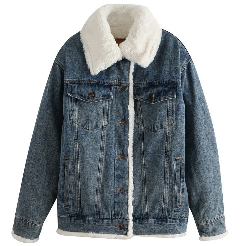 Cozy Plush Lined Denim Jacket with Faux Shearling Collar and Interior
