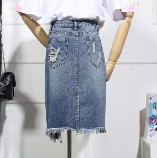 Casual Ripped Denim Skirt with Asymmetric Hem and Distressed Details