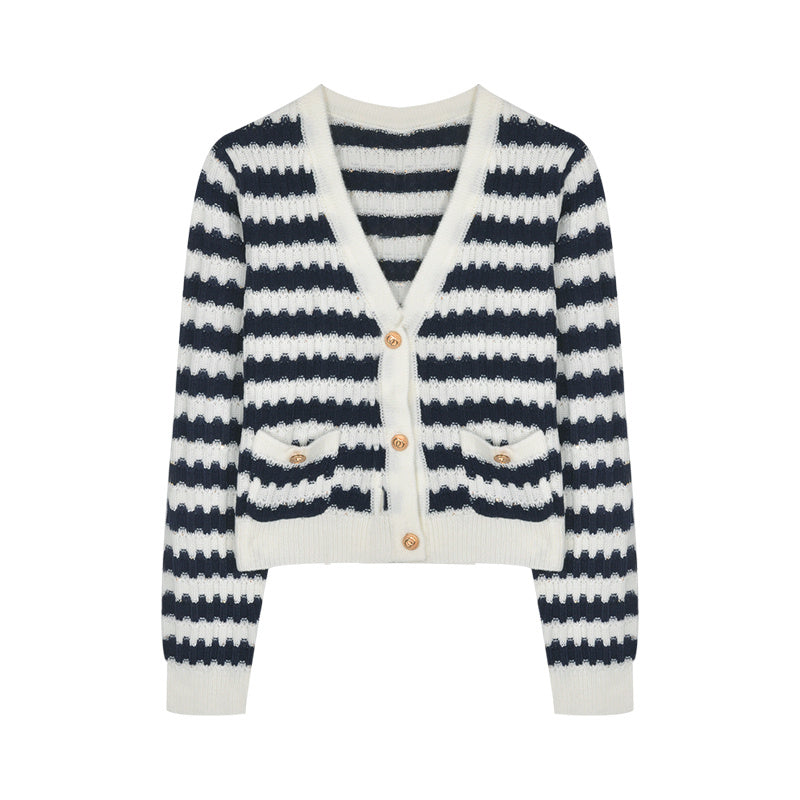 Chic Cropped V Neck Knitted Cardigan with Nautical Stripes and Gold Buttons