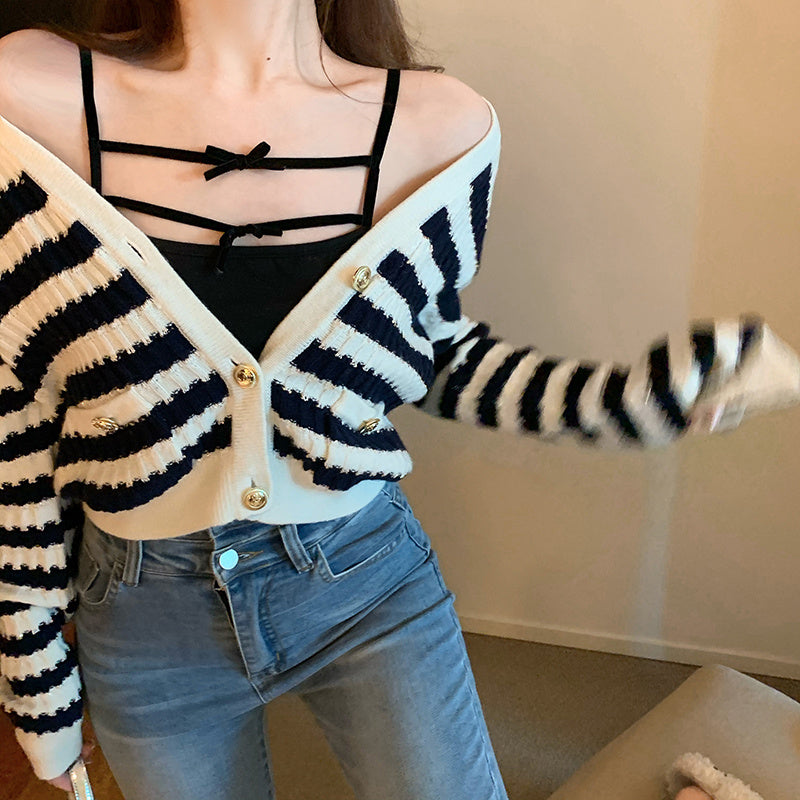 Chic Cropped V Neck Knitted Cardigan with Nautical Stripes and Gold Buttons