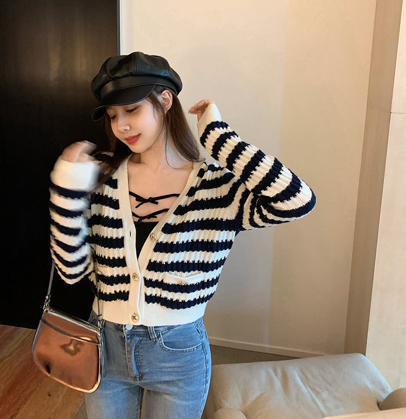 Chic Cropped V Neck Knitted Cardigan with Nautical Stripes and Gold Buttons
