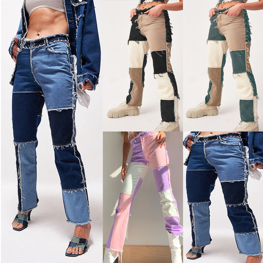 Patchwork Raw Edge Straight Leg Jeans