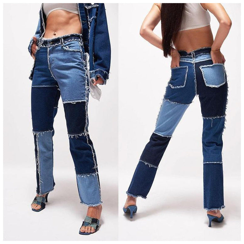 Patchwork Raw Edge Straight Leg Jeans