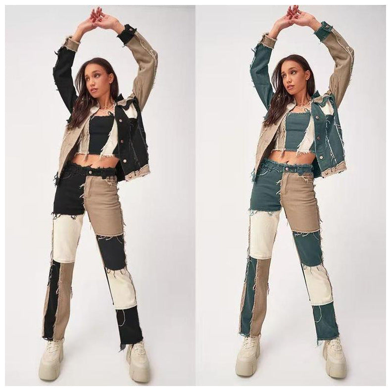 Patchwork Raw Edge Straight Leg Jeans