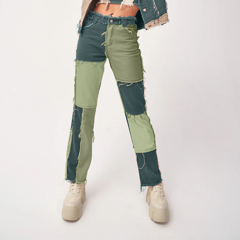 Patchwork Raw Edge Straight Leg Jeans