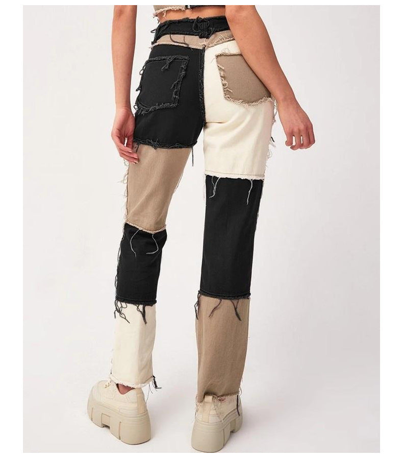 Patchwork Raw Edge Straight Leg Jeans