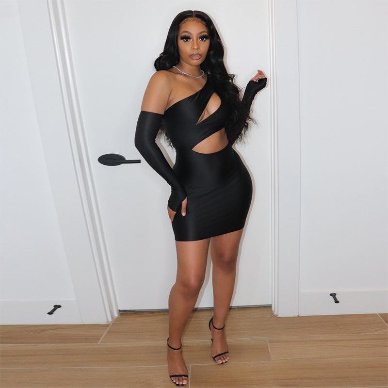 Chic One-Shoulder Cutout Bodycon Mini Dress with Statement Sleeves