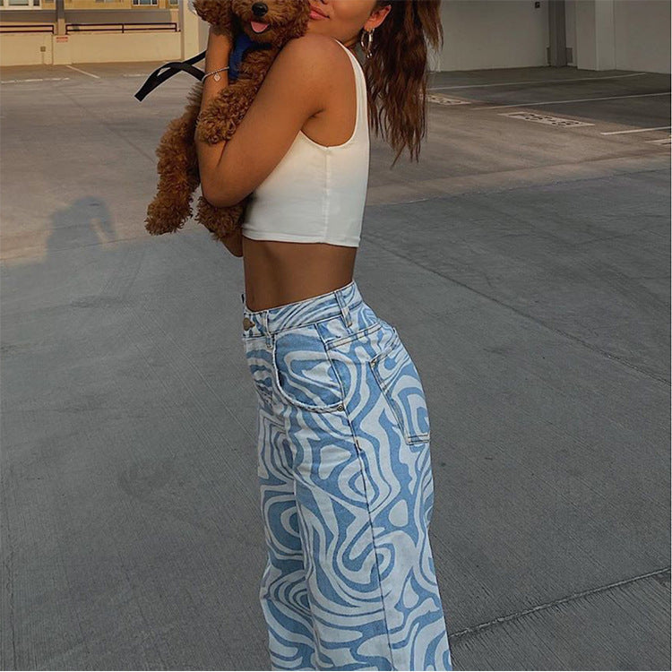 Trendy Swirl Print Washed Women's Straight Jeans